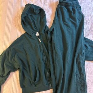 PINK Victoria's Secret *SET* Dark Green Zip-Up Hoodie & Wide Leg Sweatpants